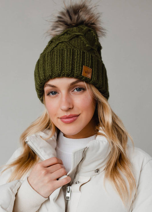 Green Diamond Cable Knit Pom Hat