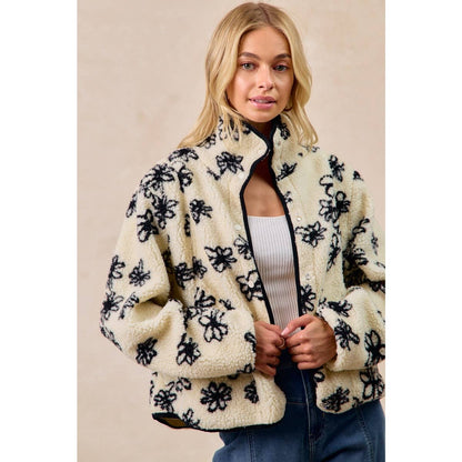 FLORAL PATTERN PIPING DETAIL FLEECE JACKET: IVORY/BLACK / XL