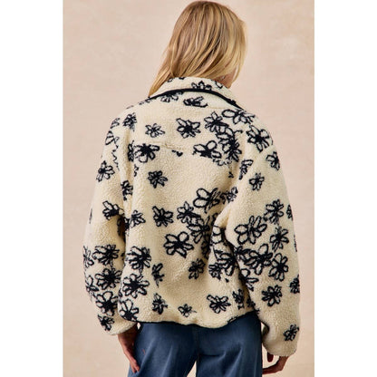 FLORAL PATTERN PIPING DETAIL FLEECE JACKET: IVORY/BLACK / S