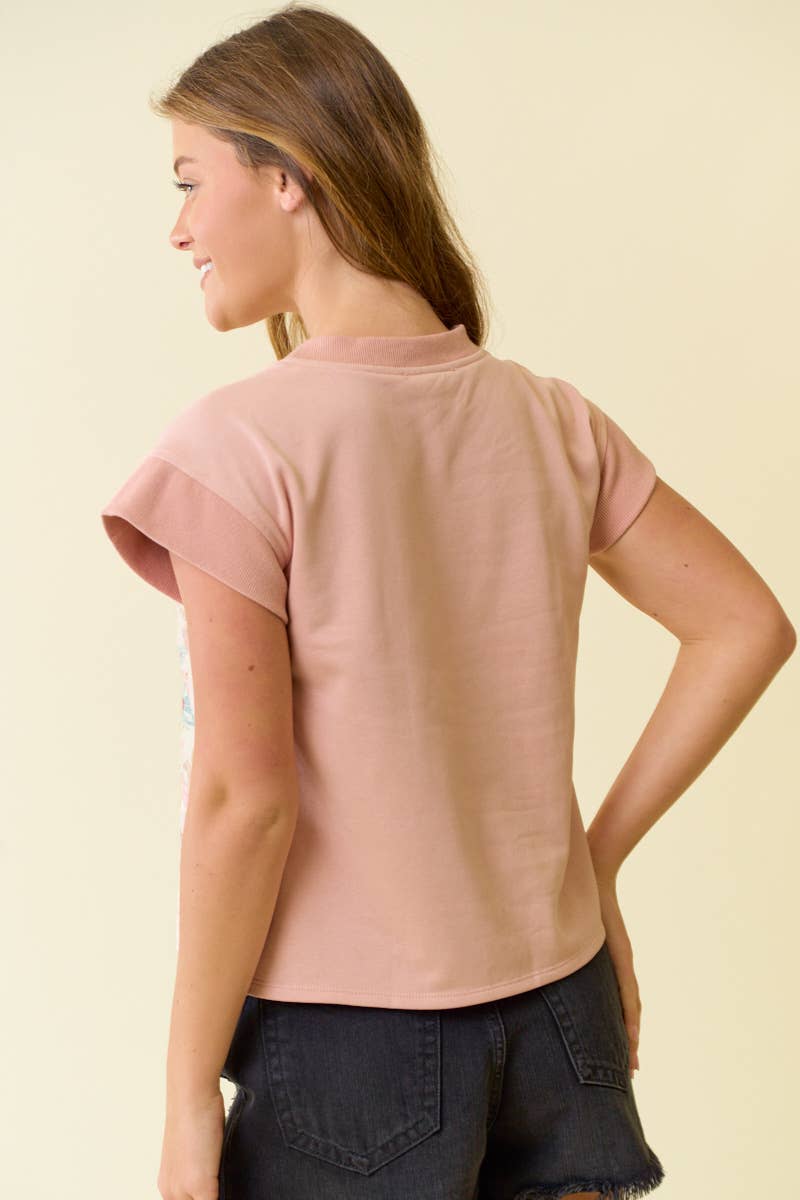 FLORAL EMBROIDERY PRINT & TERRY MIX MUSCLE TOP - 45520T: BUTTER / L