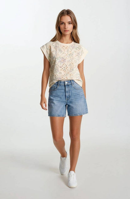 FLORAL EMBROIDERY PRINT & TERRY MIX MUSCLE TOP - 45520T: BUTTER / M