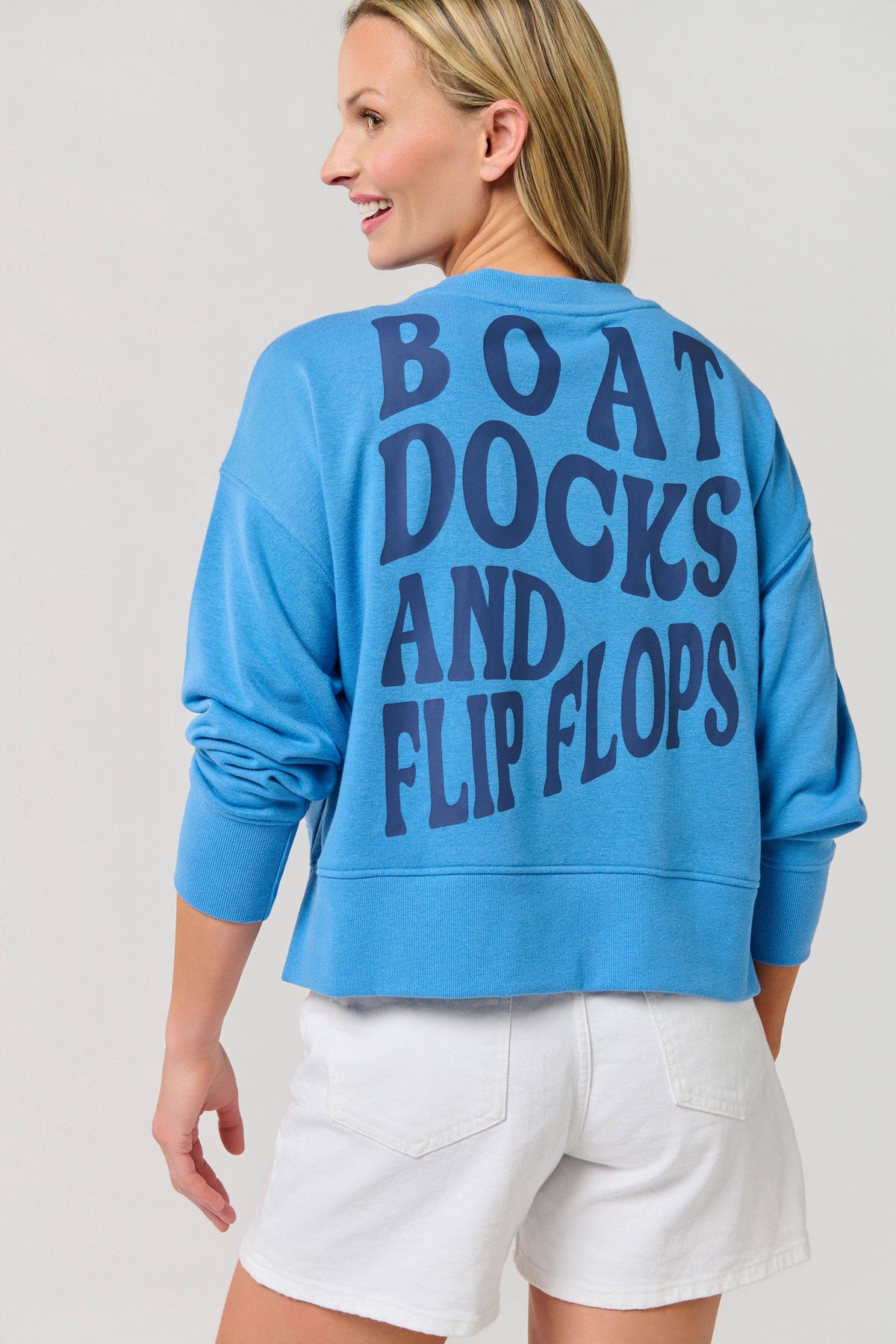 "BOAT DOCKS AND FLIP FLOPS" RELAXED SWEATSHIRT: SMALL