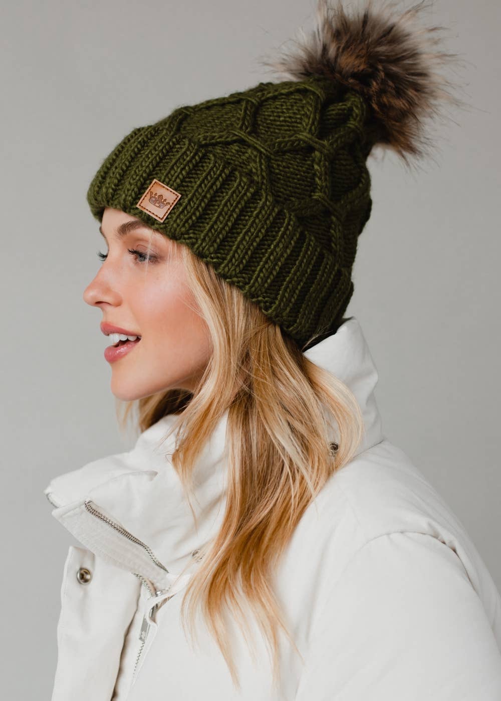 Green Diamond Cable Knit Pom Hat