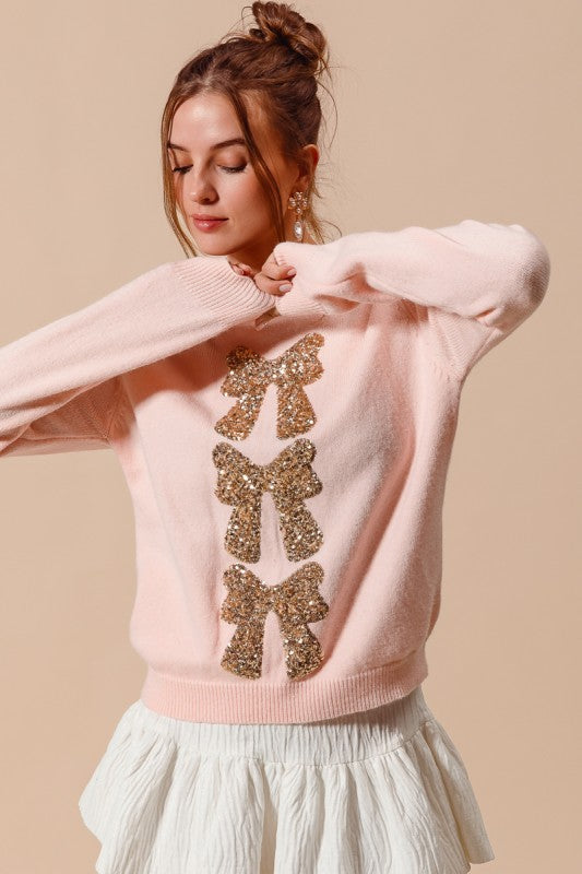 Sequins Bow Ribbon Embellished Holiday Sweater Top - Blush/Gold