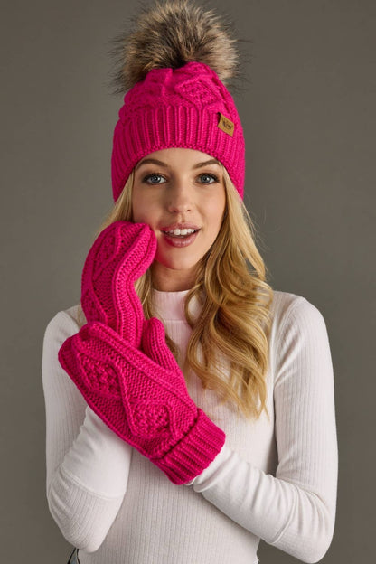 Bright Pink Cable Knit Pom Hat
