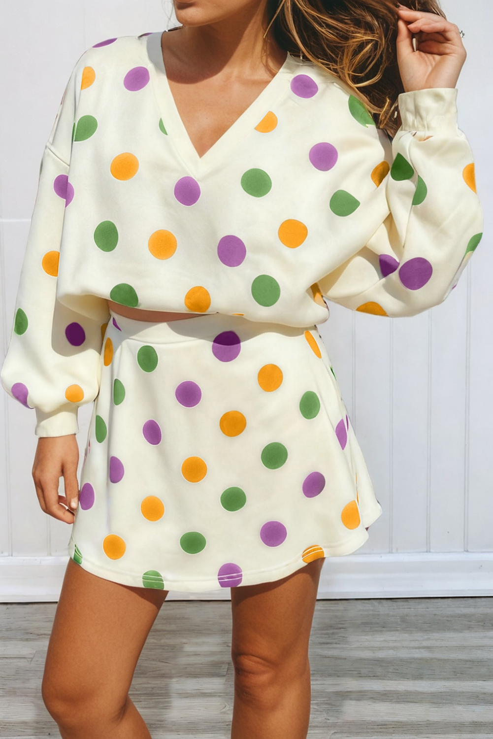 LAS Polka Dot Looks Pullover Drawstring Shorts Sets (S-XL): Beige / Missy / M