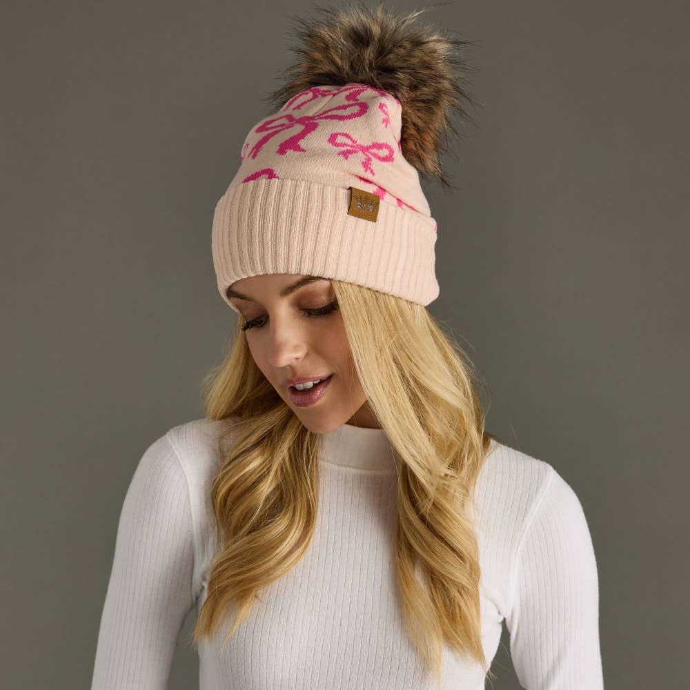 Lt. Pink & Bright Pink Bow Pom Hat
