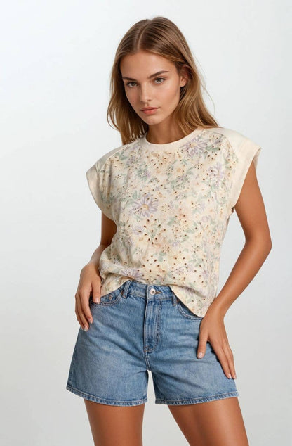 FLORAL EMBROIDERY PRINT & TERRY MIX MUSCLE TOP - 45520T: BUTTER / L