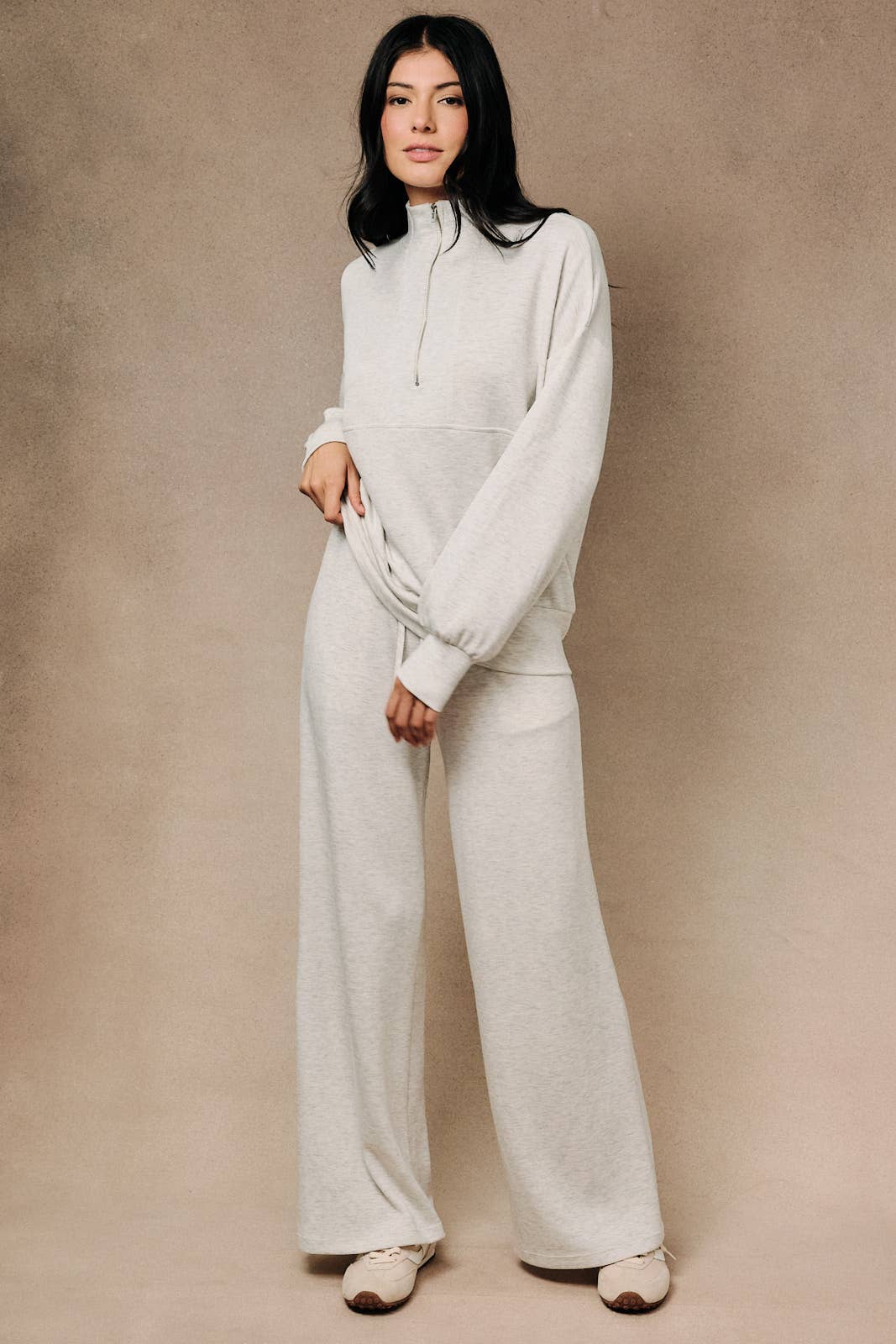 HIGH WAIST DRAWSTRING WIDE LEG PANTS WITH POCKET: ASH GREY / L