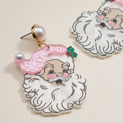 Pearl Pink Santa Face Drop Earrings | Acrylic Christmas Dangles: Pink / One / 4SE31128