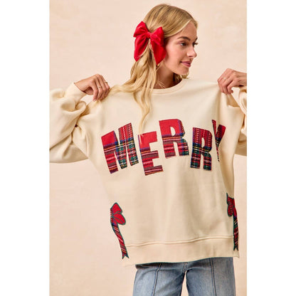 CHRISTMAS PLAID MERRY SIDE BOW PATCHES SWEATSHIRT: CREAM/RED PLAID / XL