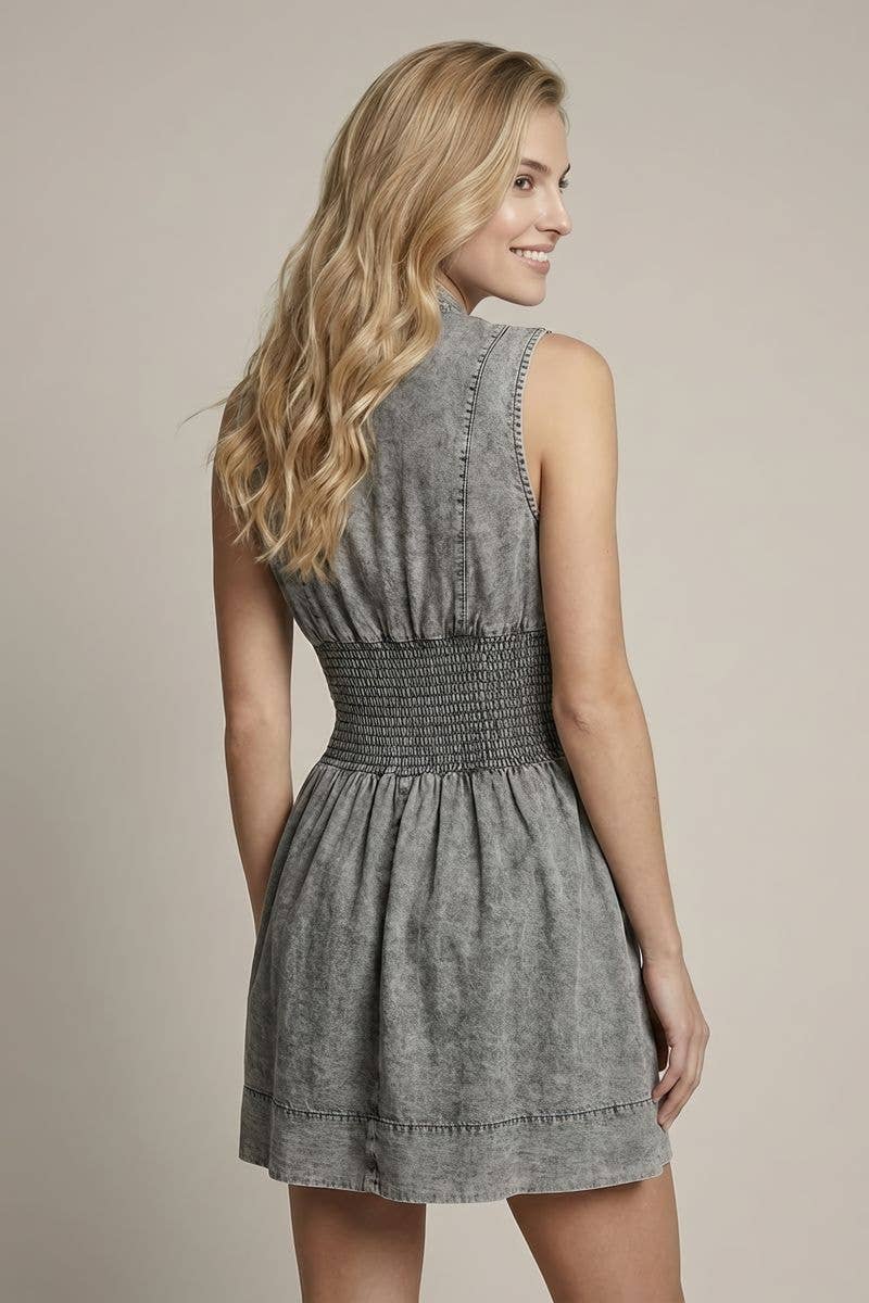 Chambray V-Neck Smocked Waist Zip-Front Dress
