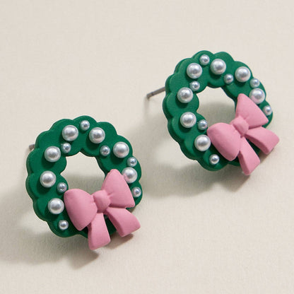 Pearl Christmas Wreath Stud Earrings | Bow Holiday Earrings: Green / One / 4BE32042