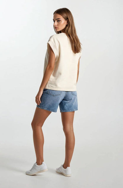FLORAL EMBROIDERY PRINT & TERRY MIX MUSCLE TOP - 45520T: BUTTER / L