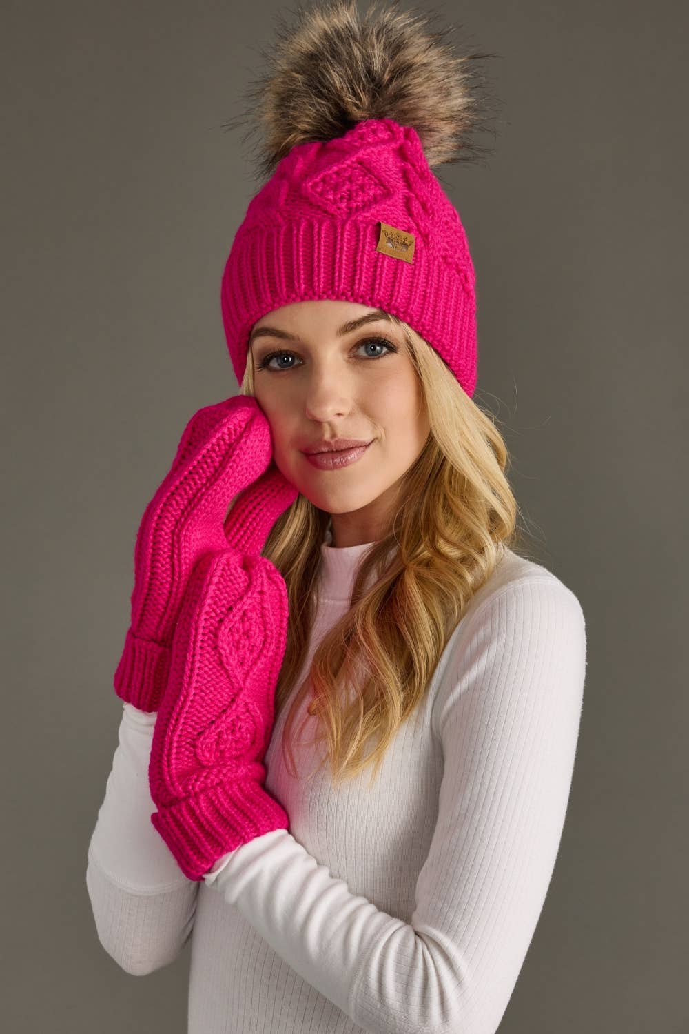 Bright Pink Cable Knit Pom Hat