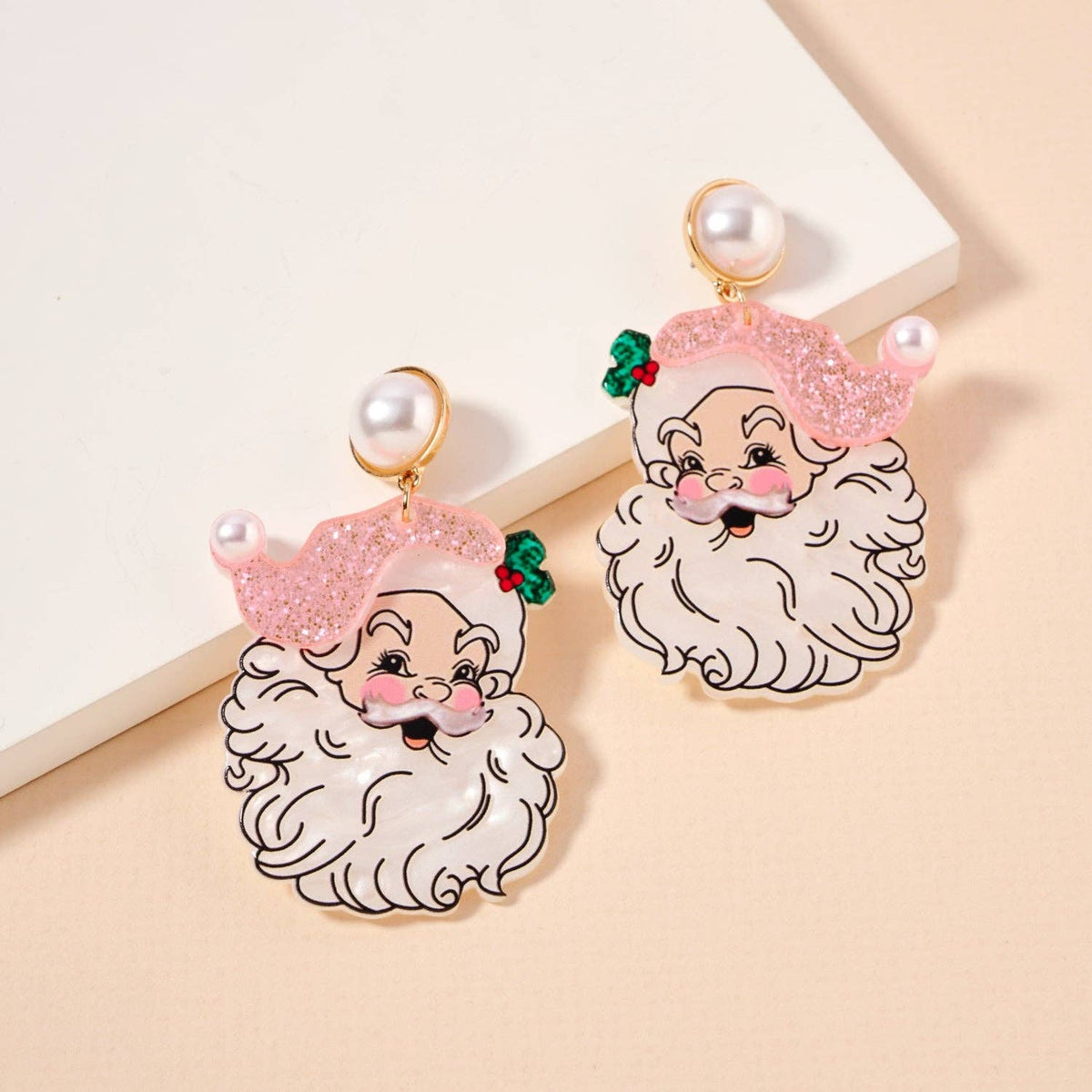 Pearl Pink Santa Face Drop Earrings | Acrylic Christmas Dangles: Pink / One / 4SE31128
