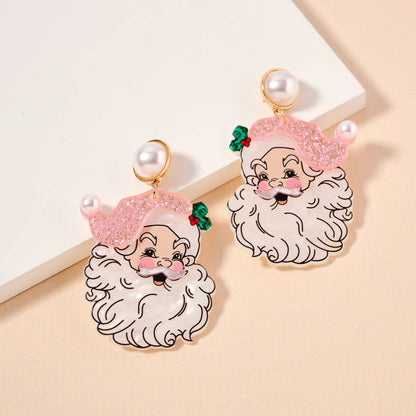 Pearl Pink Santa Face Drop Earrings | Acrylic Christmas Dangles: Pink / One / 4SE31128