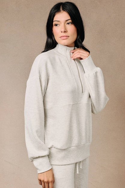 FUNNEL NECK HALF ZIP DROP SHOULDER SWEATSHIRT TOP: ASH GREY / M