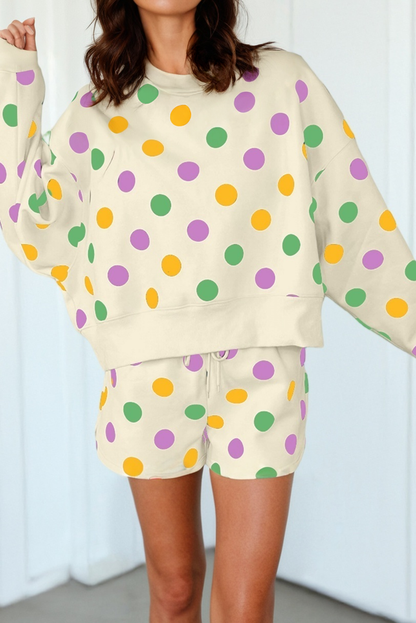 LAS Polka Dot Looks Pullover Drawstring Shorts Sets (S-XL): Beige / Missy / S