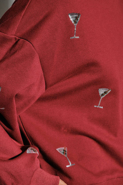Embroidered Martini Glass Crew Neck Sweatshirt: BURUGNDY / L