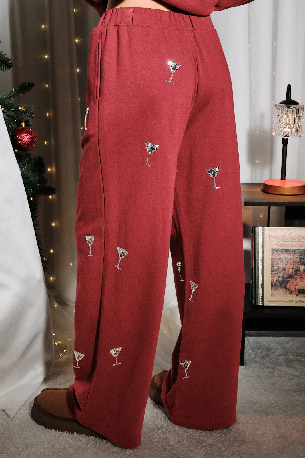 Sequin Martini Embroidered French Terry Sweatpants: Burgundy / S
