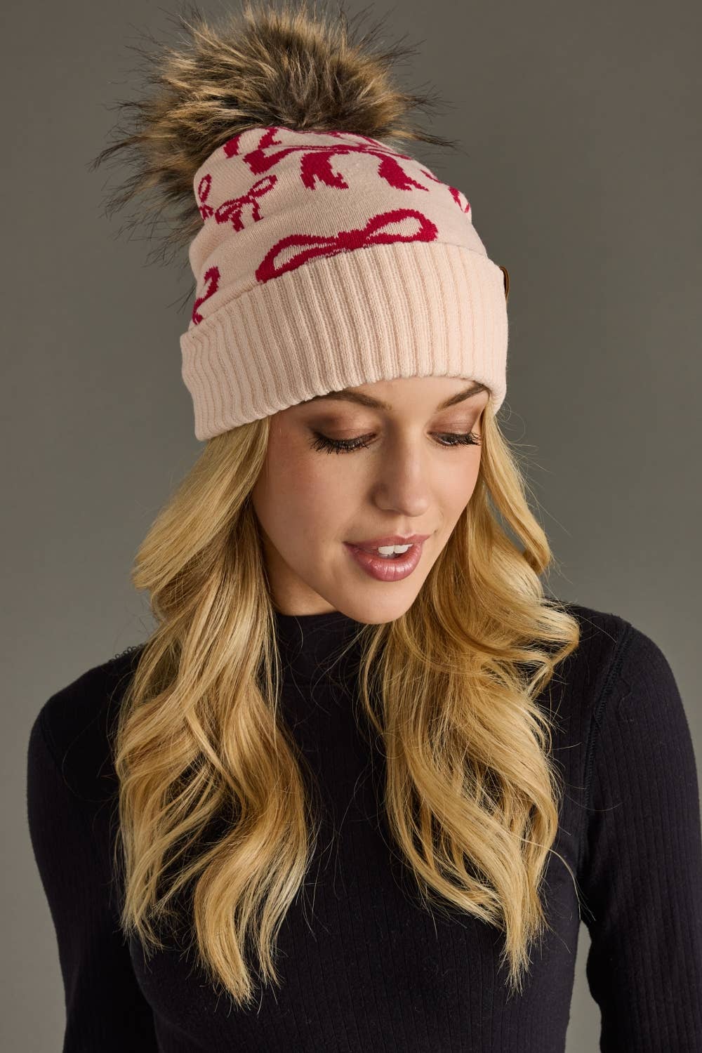 Lt. Pink & Dk. Pink Bow Pom Hat