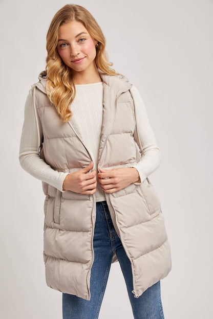 HOODED ZIPPER DOWN LONGLINE PUFFER VEST: Beige