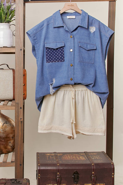 American Flag Denim Vest: Denim / L