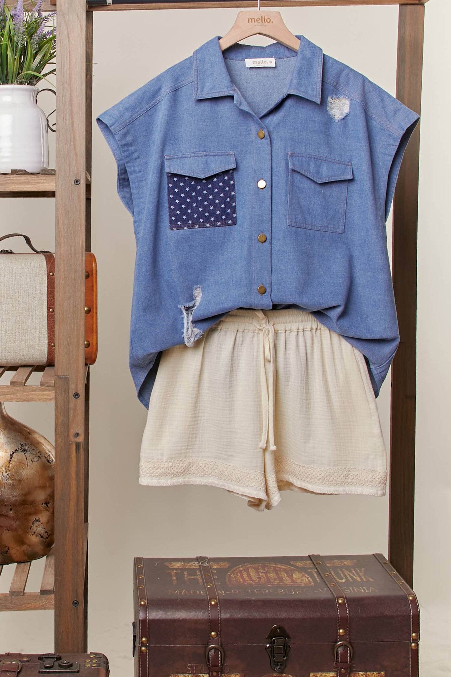 American Flag Denim Vest: Denim / M