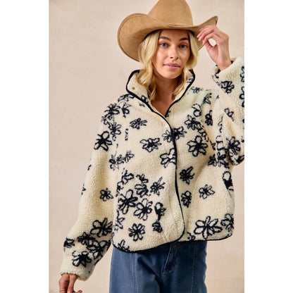 FLORAL PATTERN PIPING DETAIL FLEECE JACKET: IVORY/BLACK / XL
