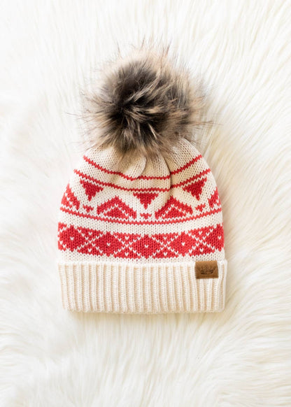 Cream & Red Patterned Pom Hat