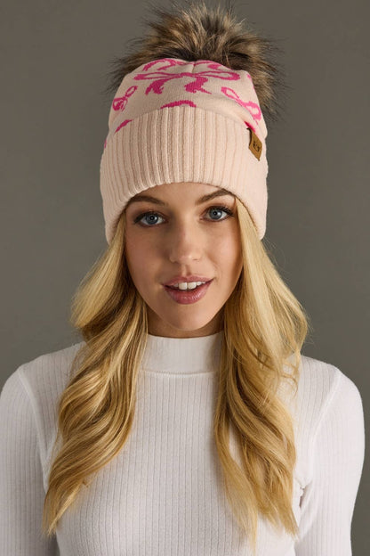 Lt. Pink & Bright Pink Bow Pom Hat