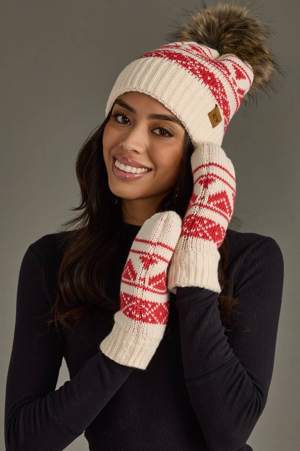 Cream & Red Patterned Pom Hat