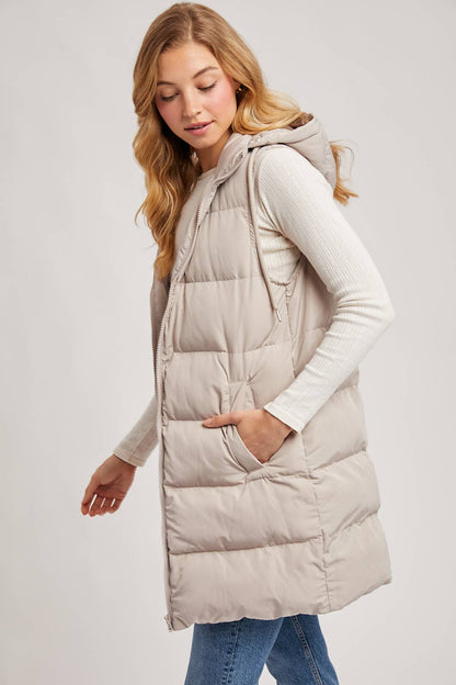 HOODED ZIPPER DOWN LONGLINE PUFFER VEST: Beige