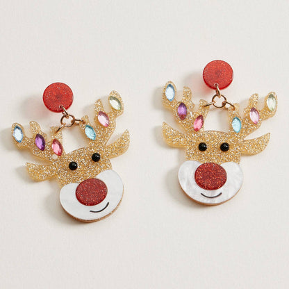 Glitter Rudolph Reindeer Earrings | Rhinestone Christmas Dangles: Multi / One / 4SE31141