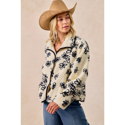 FLORAL PATTERN PIPING DETAIL FLEECE JACKET: IVORY/BLACK / S