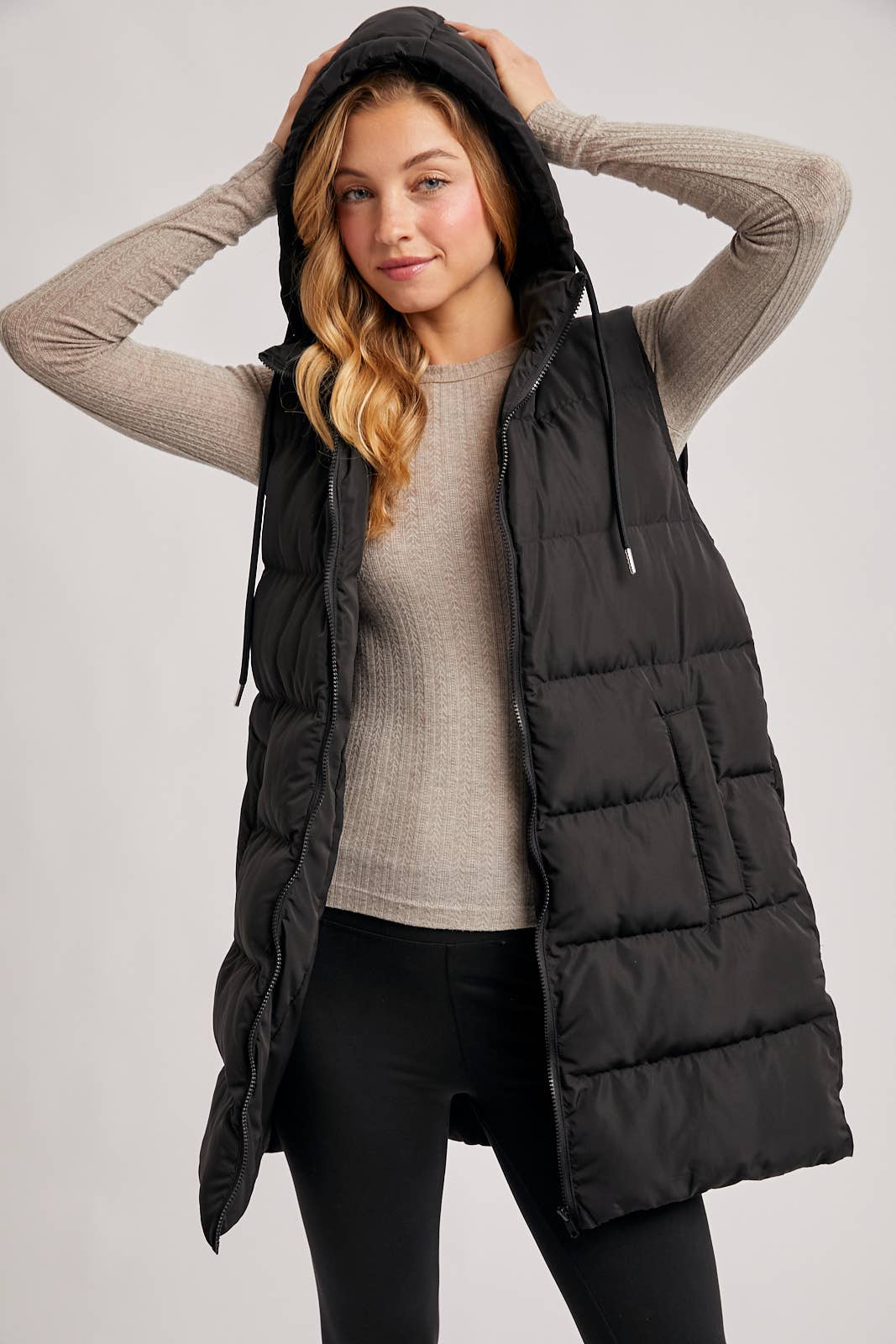 HOODED ZIPPER DOWN LONGLINE PUFFER VEST: Black