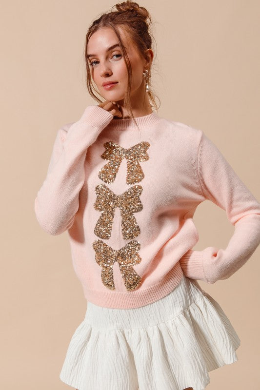 Sequins Bow Ribbon Embellished Holiday Sweater Top - Blush/Gold
