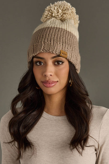Beige & Taupe Color Block Pom Hat