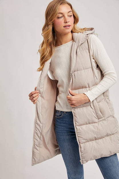 HOODED ZIPPER DOWN LONGLINE PUFFER VEST: Beige
