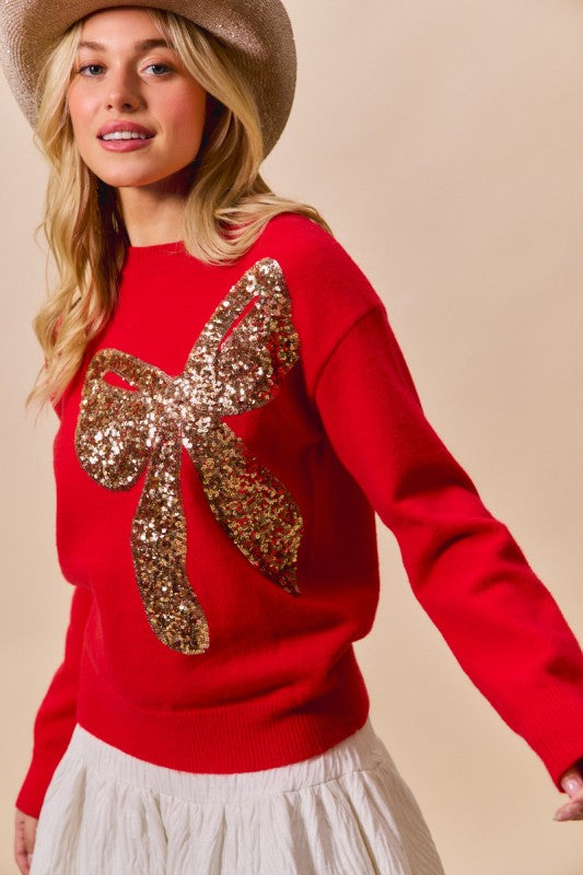 Big Sequins Ribbon Christmas Holidy Sweater Top - Red/Gold