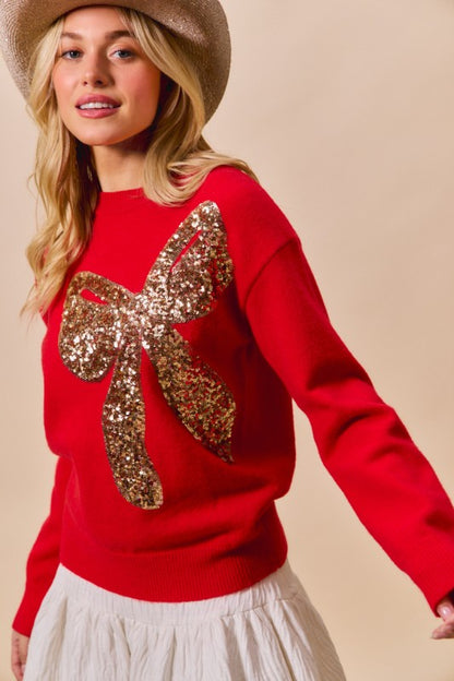 Big Sequins Ribbon Christmas Holidy Sweater Top - Red/Gold