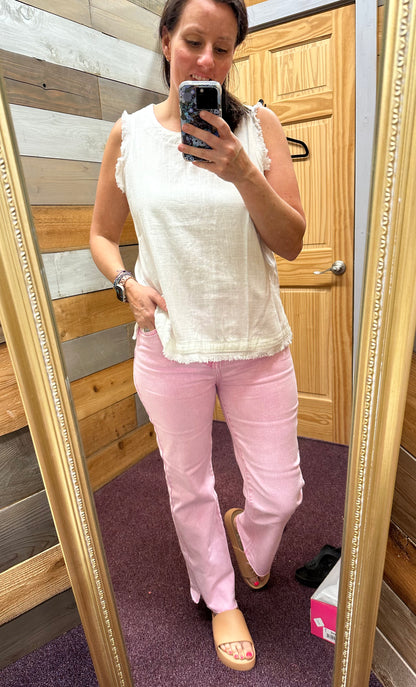 Risen High Rise Tummy Control Raw Hem w/Side Slits Straight Pants