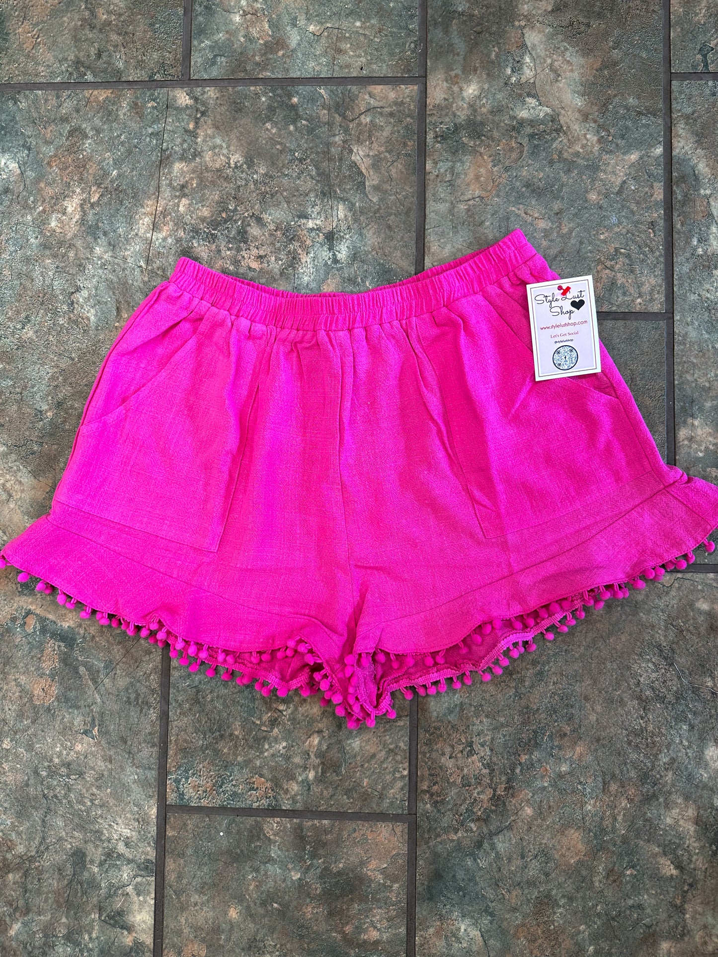 Hot Pink Linen Shorts with Pom Pom Detail