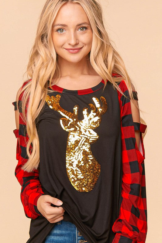 Gold Sequin Reindeer with Buffalo Check Sleeves