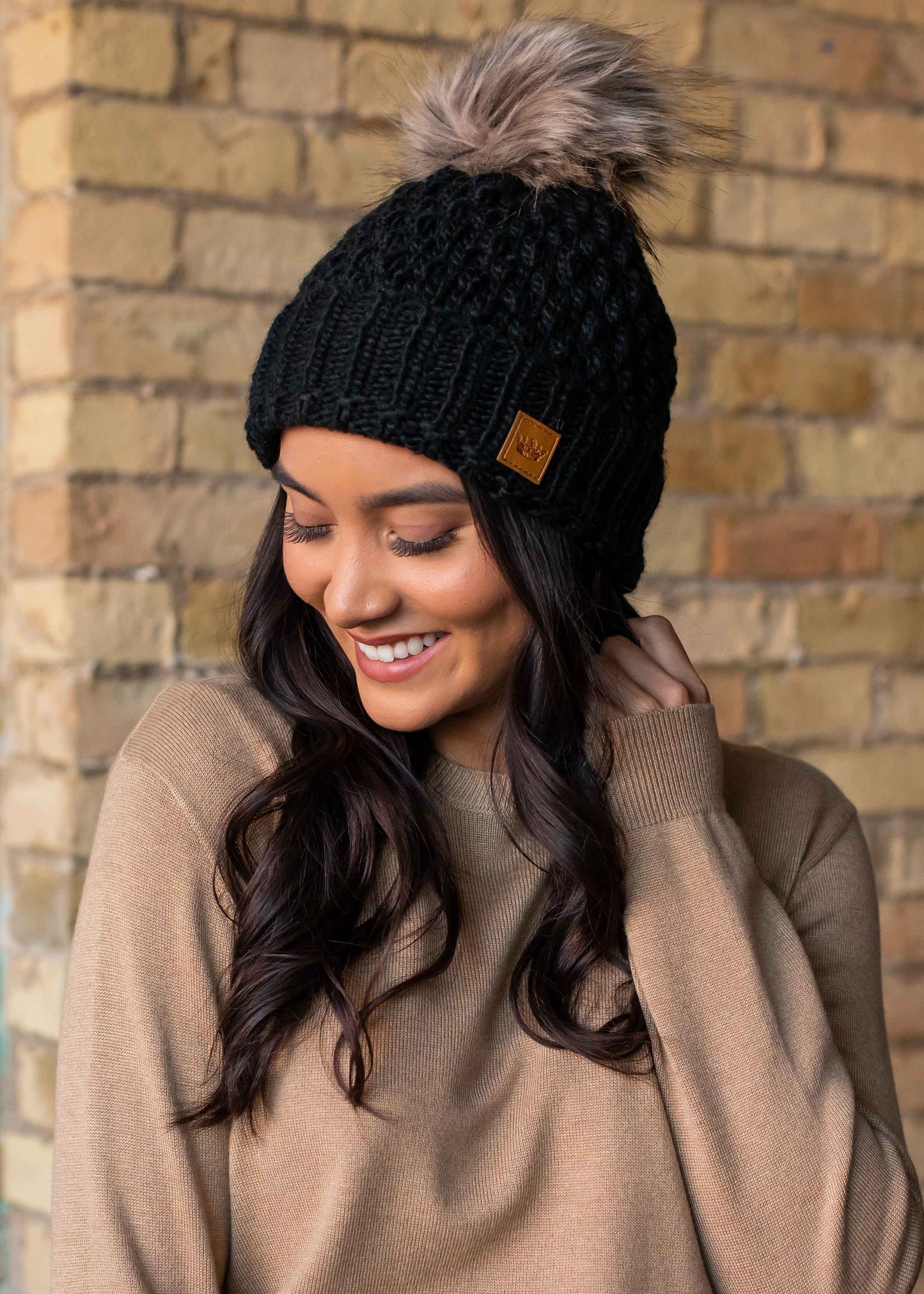 Black Texture Hat with PomPom