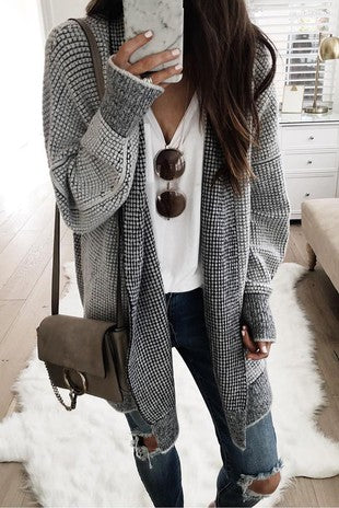 Waffle Knit Cardigan - Gray